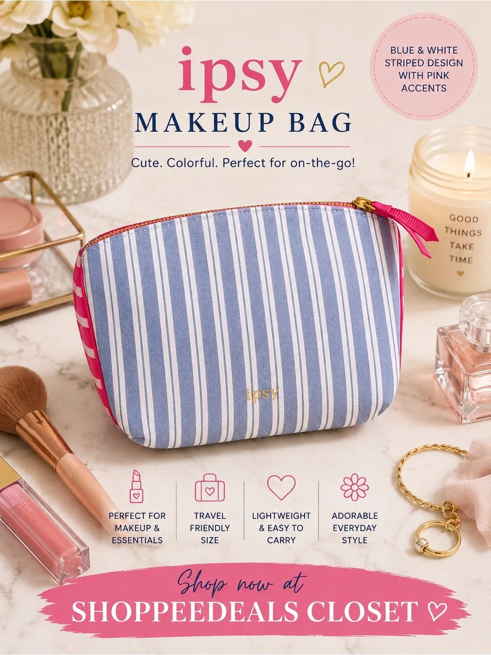 Ipsy Blue & White Striped Makeup Bag Cosmetic Pouch